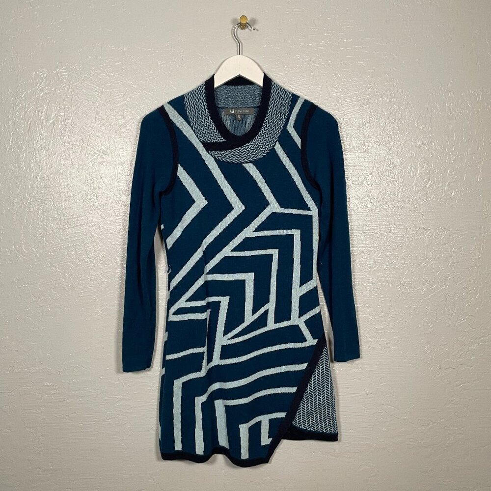 Title Nine Women S Blue Geometric Sweater Dress Cowl Neck Pockets Merino Wool